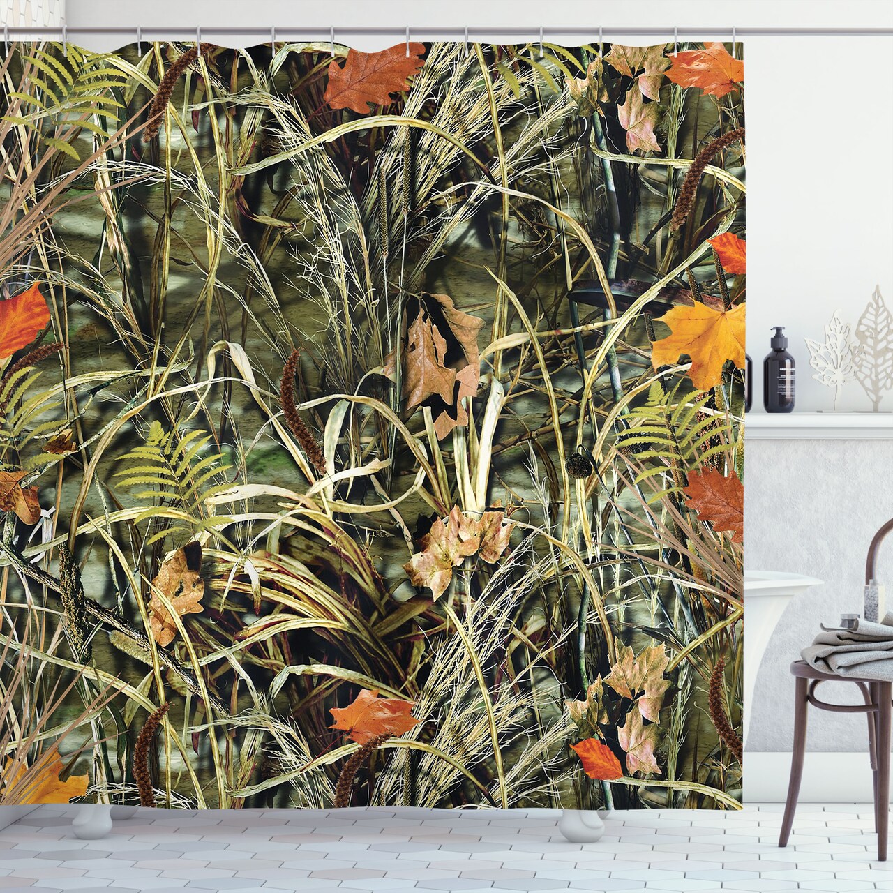 Ambesonne Botanical Shower Curtain, Close up Autumn Themed Nature View Photo with Sere Leaves and Herbs, Cloth Fabric Bathroom Decor Set with Hooks, 69" W x 70" L, Sage Green Multicolor